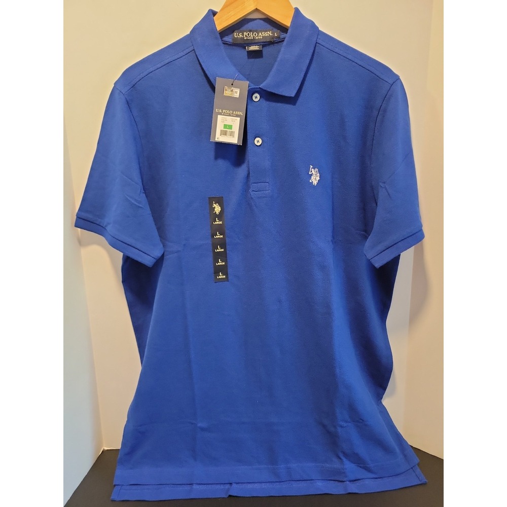 U.S. Polo Assn. Men's Blue Pique Polo Shirt Size L Cotton Short Sleeve NWT